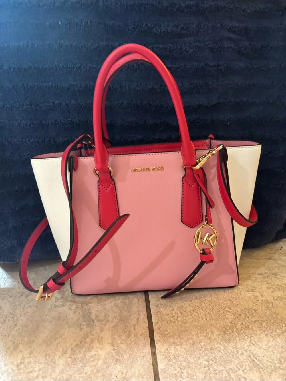 NWT Michael Kors Kris Medium Satchel Carnation Multi Pink Red White Leather